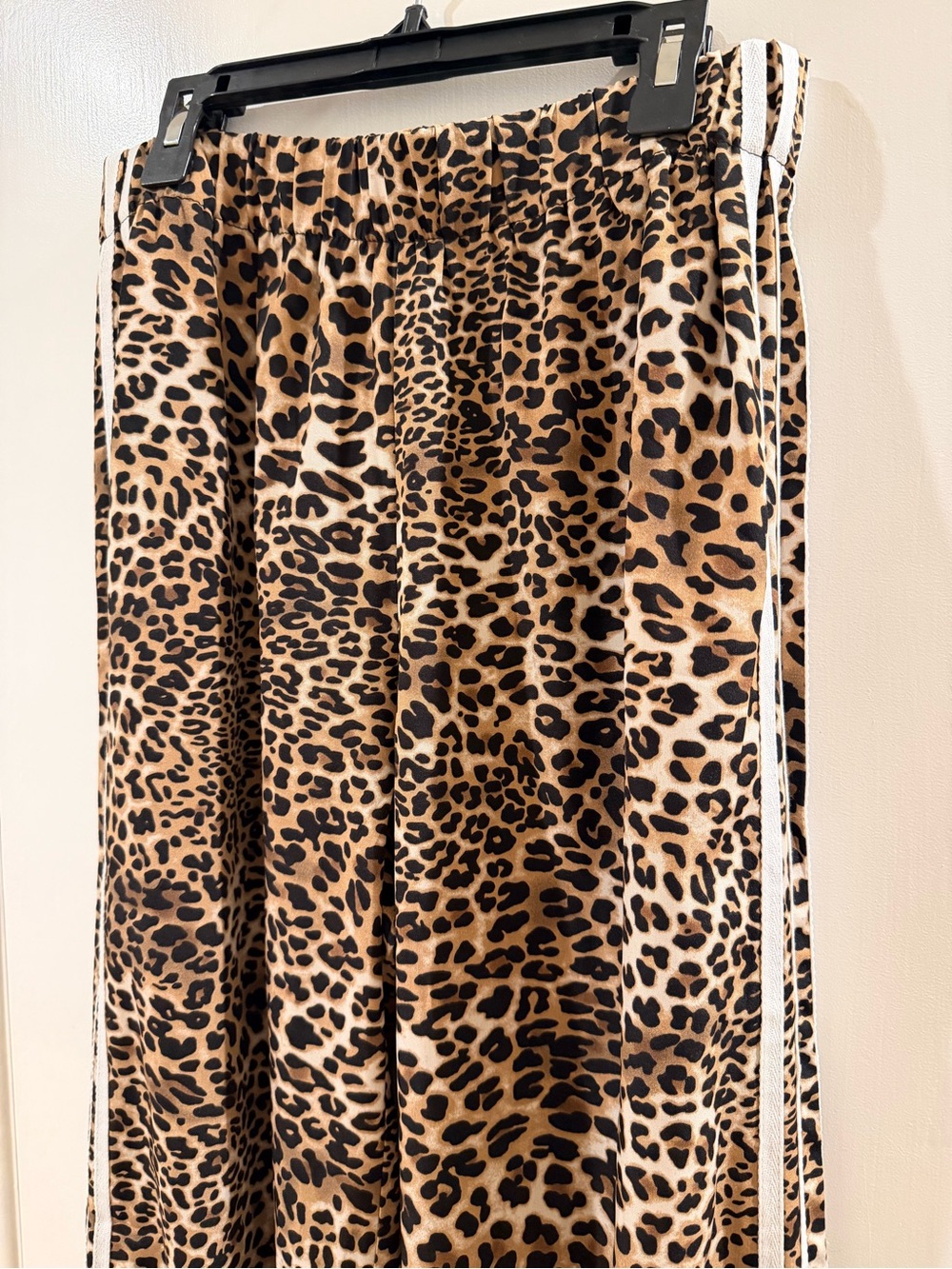 Leopard Print Wide-Leg Track Pants with Side Stripes - Beige/Black - Picture 3 of 5